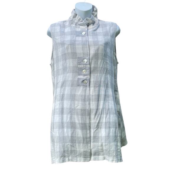 Terra SJ Apparel sleeveless Gray checkered Lagenlook ruffle neck tunic - Picture 1 of 5